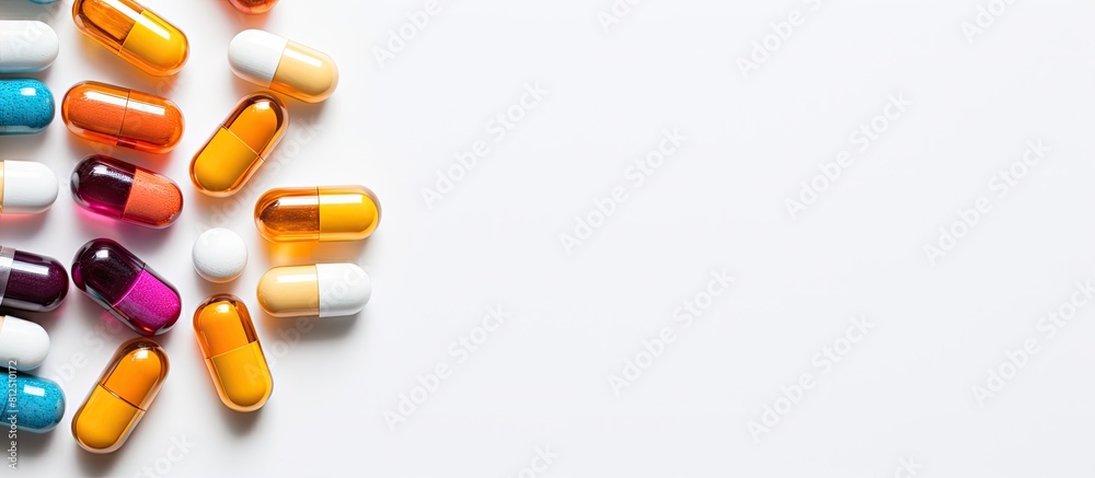 Poster Top view of colorful capsules near a pill bottle creating a vibrant composition The white background provides a clean and spacious area for text or other graphics in the image. Creative banner
