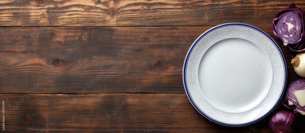 Poster A top view close up of a plate on a wooden table with a copy space image of fried blue cabbage onion apple and garlic