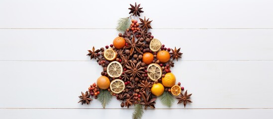 Top view of a Christmas tree crafted from aromatic spices against a backdrop of white wood with...