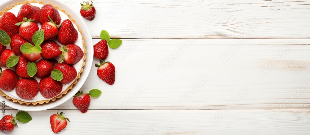 Poster top view of a delectable american strawberry dessert placed on a white wooden table the sweet dish f