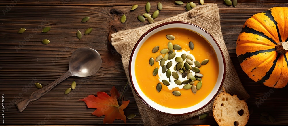 Poster top view of a delicious vegetarian autumn pumpkin cream soup with pumpkin seeds presented in a bowl 