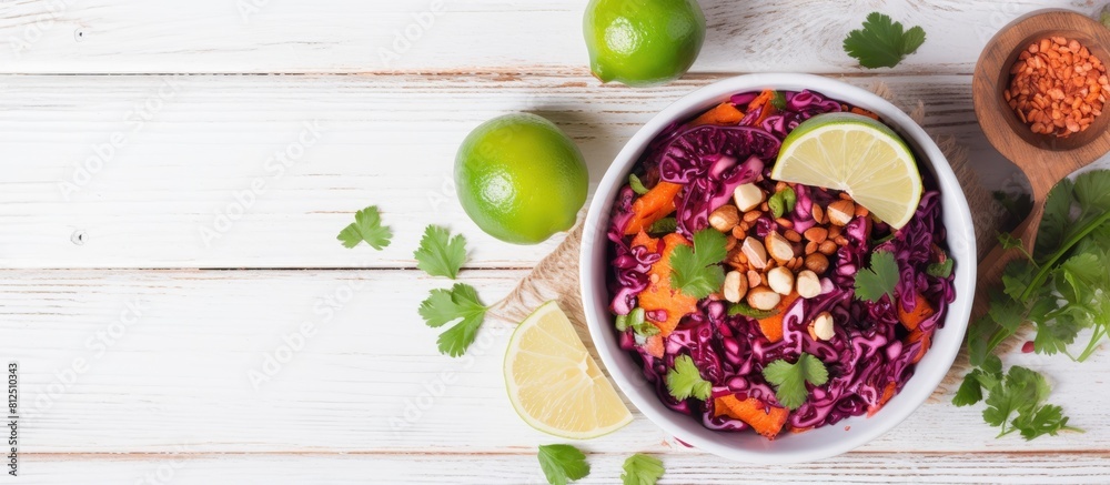 Aufkleber top view of a detox salad made with red cabbage carrots and pomegranate accompanied by a flavorful c