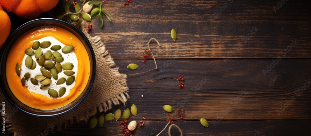 Poster top view of a delicious vegetarian autumn pumpkin cream soup with pumpkin seeds presented in a bowl 