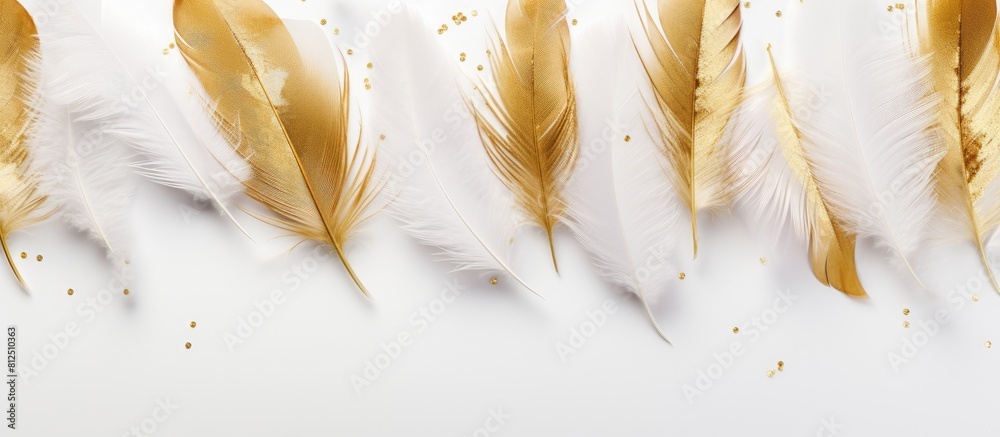 Aufkleber Top view of white feathers with a radiant gold glitter on a white background creating a visually appealing flat lay image with ample copy space