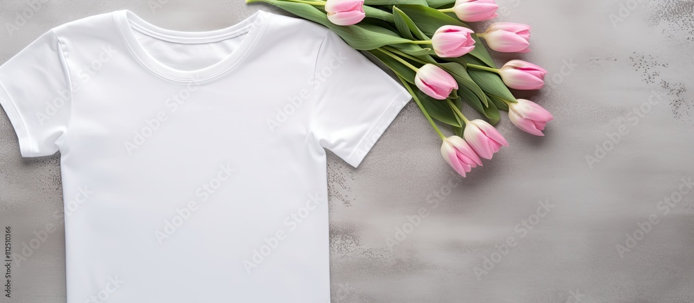 Poster top view flat lay copy space image of a white women s cotton t shirt mockup featuring pink tulip flo