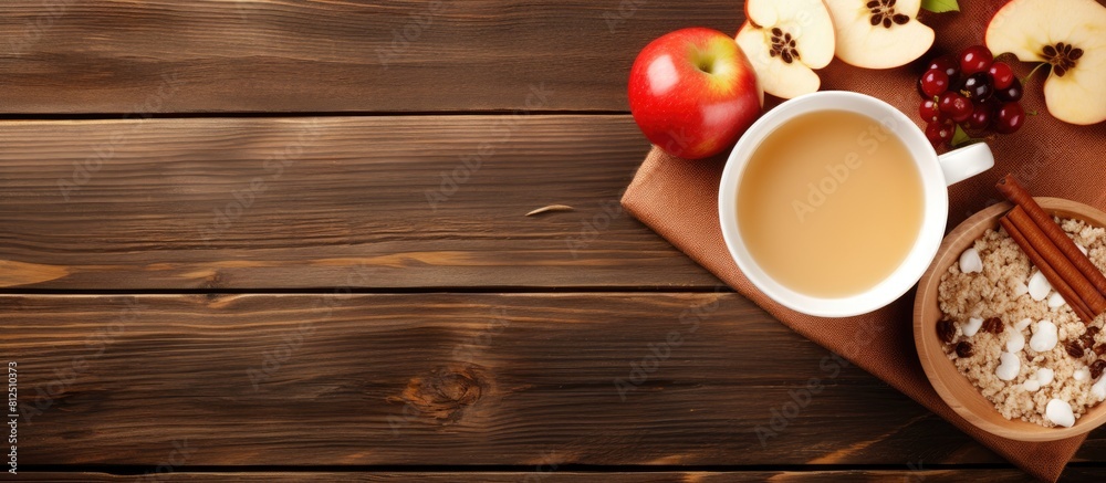 Poster top view of a healthy breakfast featuring a plate of oat flakes topped with honey milk apple slices 