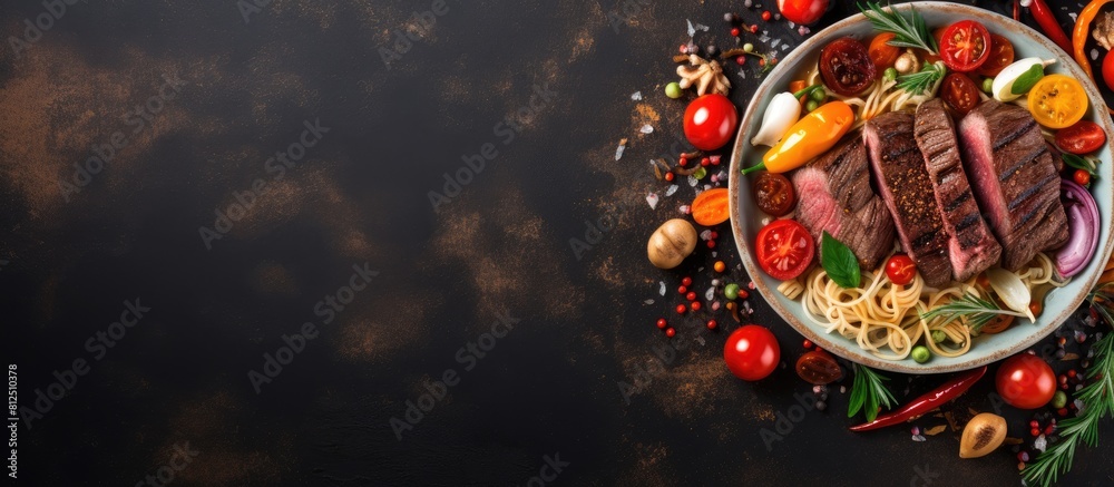 Poster top view of a flavorful asian dish consisting of noodles tender beef and an assortment of fresh vege