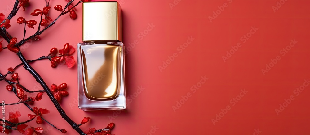 Poster Top view of a golden branch and nail polish on a colorful background providing ample space for text alongside the image