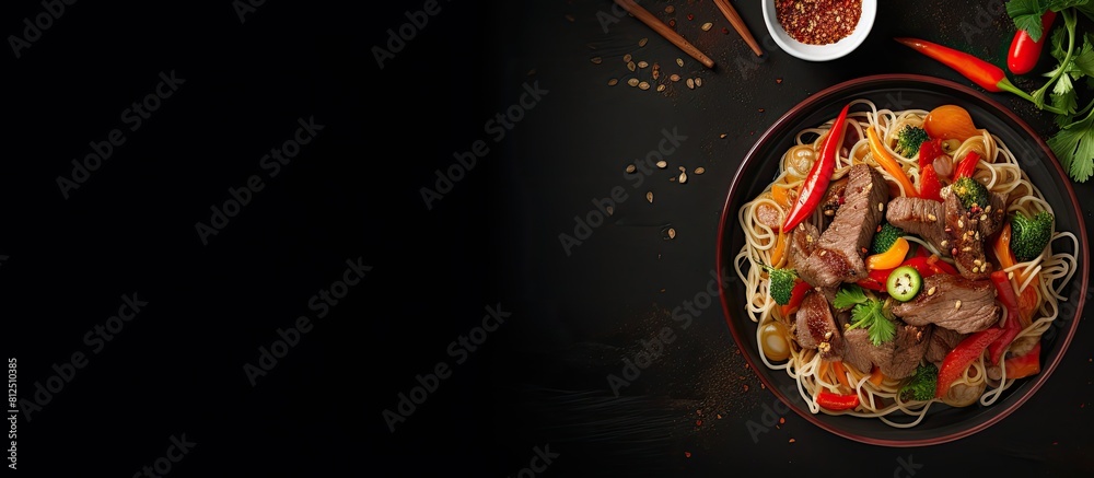 Poster top view of a flavorful asian dish consisting of noodles tender beef and an assortment of fresh vege