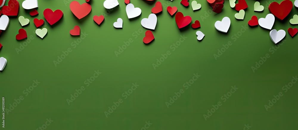 Poster Top view of a green background adorned with red and white hearts creating a delightful Valentine s Day scene The image features a flat lay composition with an empty space for text or other elements