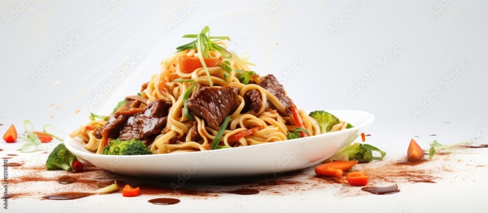 Poster top view of a flavorful asian dish consisting of noodles tender beef and an assortment of fresh vege