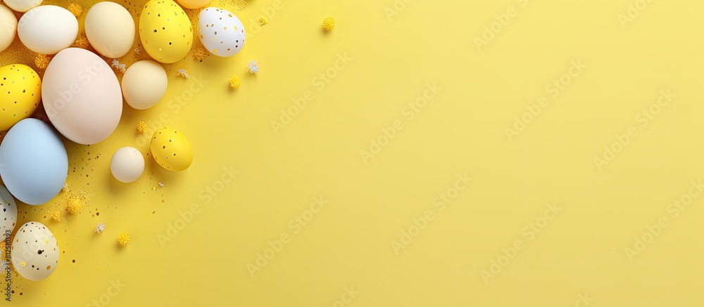 Aufkleber Top view of a Easter greeting card featuring a yellow background adorned with blue Easter eggs and an Easter bunny Ample space available for your text