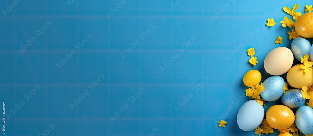 Aufkleber Top view of a Easter greeting card featuring a yellow background adorned with blue Easter eggs and an Easter bunny Ample space available for your text