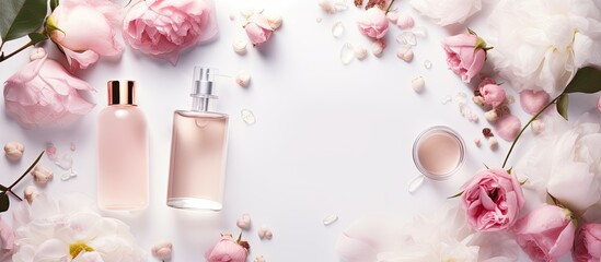 Top view of fancy healthcare bottles containing serum micellar water tonic toner lotion and cream with rose flower in an organic spa cosmetics concept The image is a mockup template with copy space