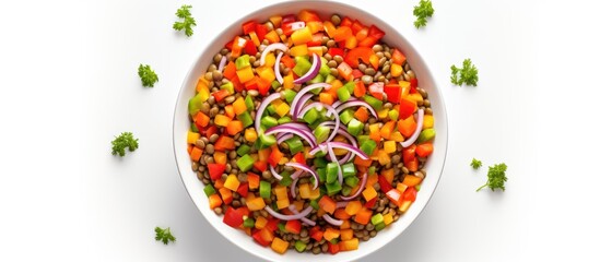 Top view of a bowl filled with a colorful lentil salad featuring peppers onions and carrots The image is isolated on a white background with copy space