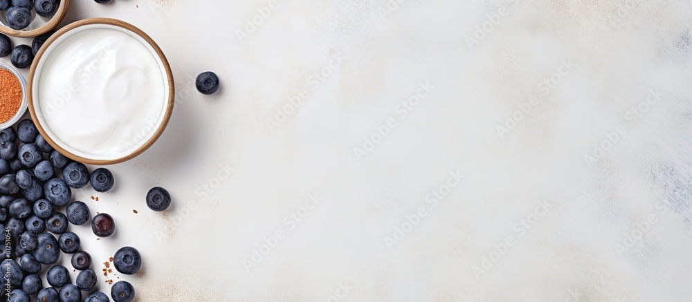 Poster top view of a copy space image featuring light background with cottage cheese pancakes sour cream an