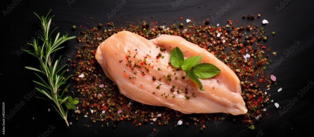 Aufkleber A top view image of a raw chicken fillet seasoned with spices and herbs displayed on a black stone table Copy space available