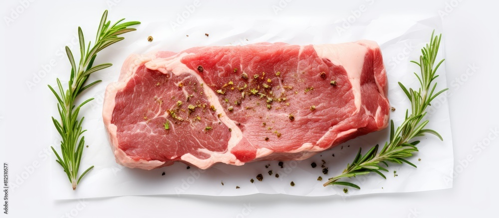 Aufkleber top view copy space image of raw fresh pork seasoned with rosemary placed on wax paper set against a
