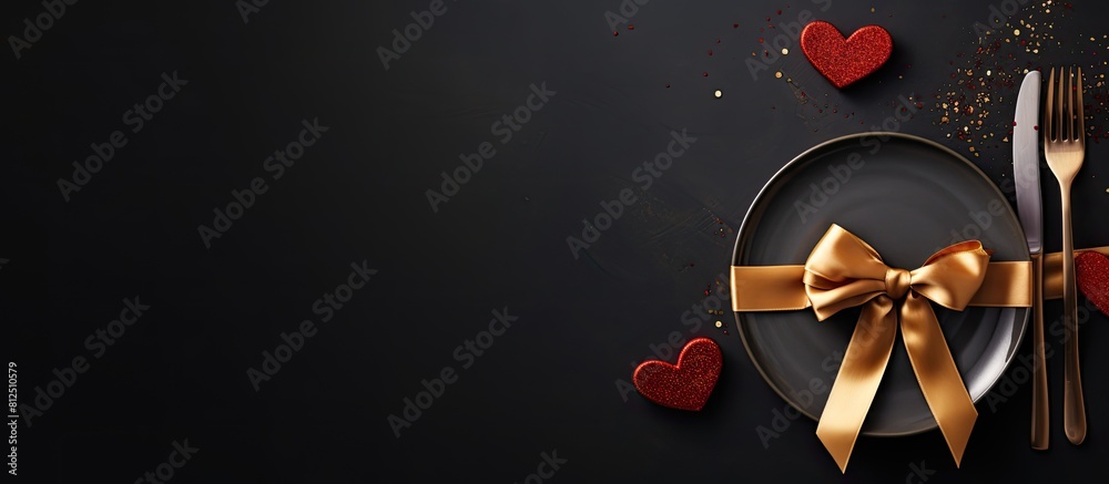 Poster a top view copy space image of a valentine s day table setting with a plate gold utensils a red ribb