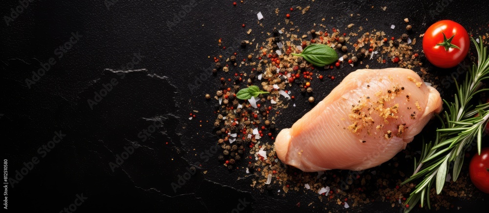Poster A top view image of a raw chicken fillet seasoned with spices and herbs displayed on a black stone table Copy space available