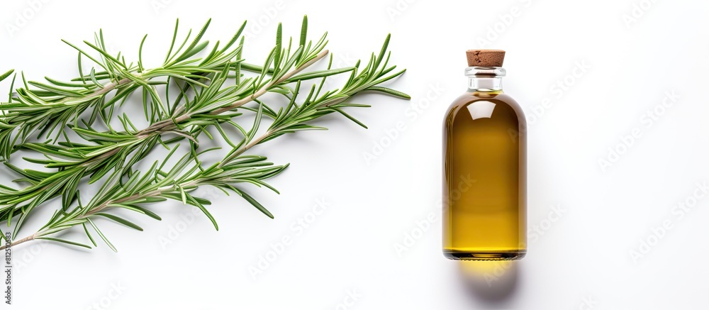 Poster a top view of a bottle of rosemary essential oil isolated on a white background the image represents