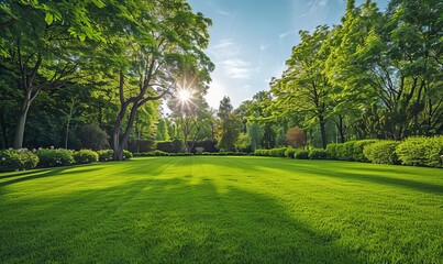 A beautifully sunlit park with luscious green grass and trees, sunlight filtering through leaves creating a sense of peace and freshness