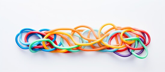 Top view of a multicolored rubber band pattern on a white background with copy space image
