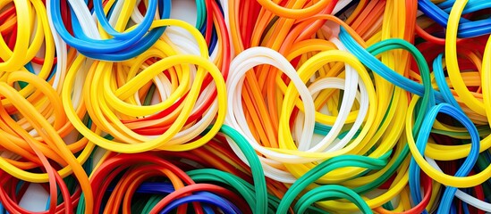 Top view of a multicolored rubber band pattern on a white background with copy space image