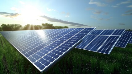 Solar panels reflect sparkling light from the sun, clean energy and the environment. 3D rendering