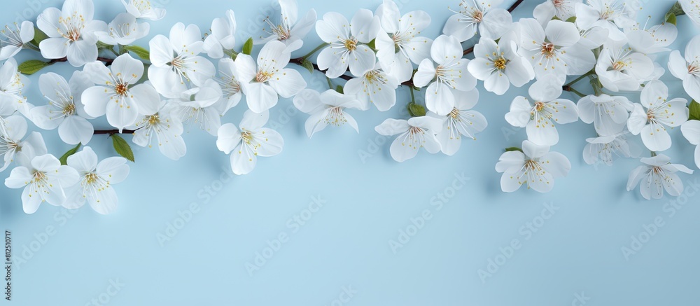 Poster top view of a light blue background with white spring flowers providing copy space for your text