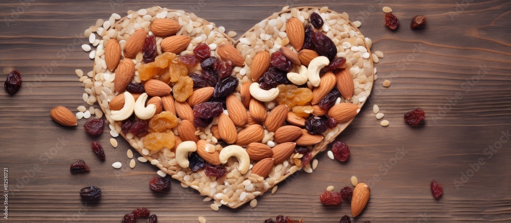 Aufkleber a top view image showcasing a heart shaped granola made with raisins coconut and almonds against a t