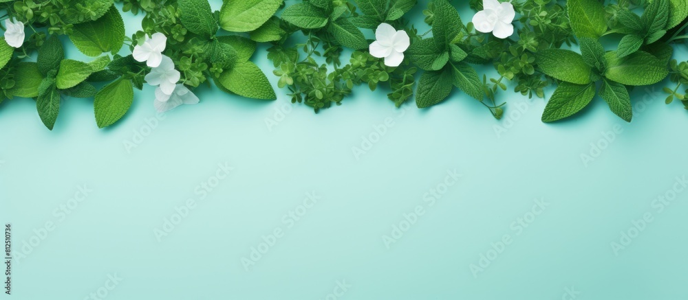 Fototapete a top view of a mock up frame made of organic leaves featuring a white blank against a green mint ba