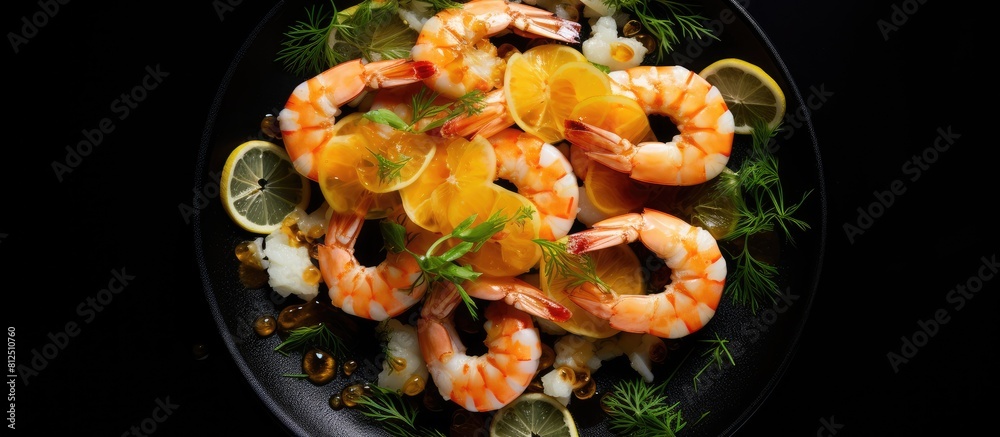 Poster top view of a mouthwatering seafood snack consisting of shrimp paired with tangy lemon slices and wh