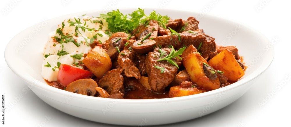 Poster A top view photo of a plate with meat stew goulash and a white background There is empty space available for text or other images. Creative banner. Copyspace image