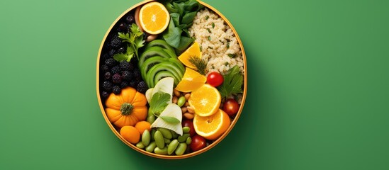 Top view of a nutritious vegan lunch box emphasizing the clean diet eating concept The image showcases a variety of vitamin rich foods minerals plant protein antioxidants and fiber leaving ample copy