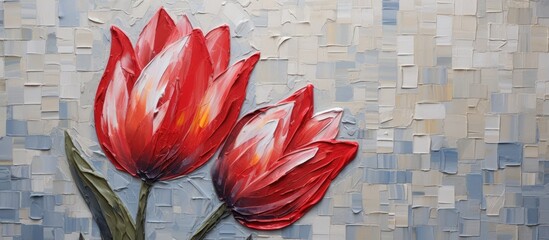 Top view of a canvas painting featuring a tulip flower and mosaic design created using a palette knife The artwork showcases an art concept on a gray background with ample copy space