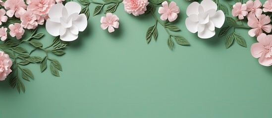 Top view of a wedding invitation card mockup template with pink flowers on a green background offering plenty of copy space for customization