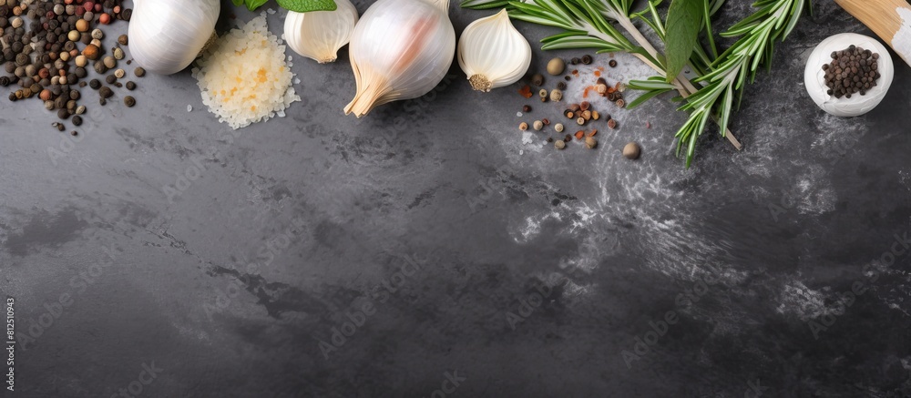 Poster Top view of garlic rosemary black pepper and salt on a grey concrete background creating a visually appealing copy space image