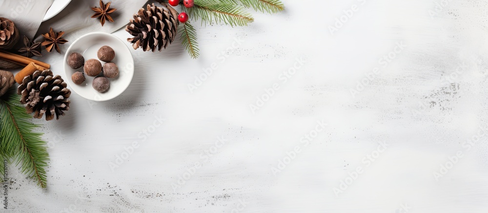 Aufkleber top view of a christmas table setting on a light grey table featuring beautiful pine branches and co