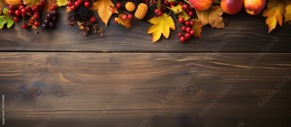 Poster top view of a rustic wooden table adorned with vibrant autumn foliage and colorful forest fruits cre