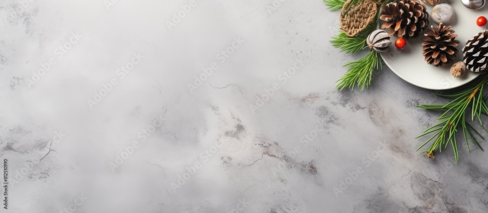 Poster top view of a christmas table setting on a light grey table featuring beautiful pine branches and co