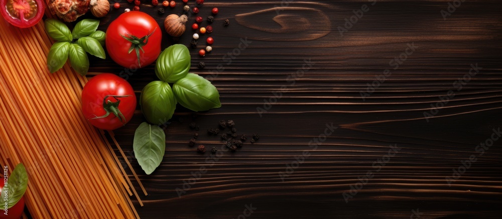 Aufkleber a top view of pasta spaghetti with tomatoes sauce and basil on a dark wooden background offering amp