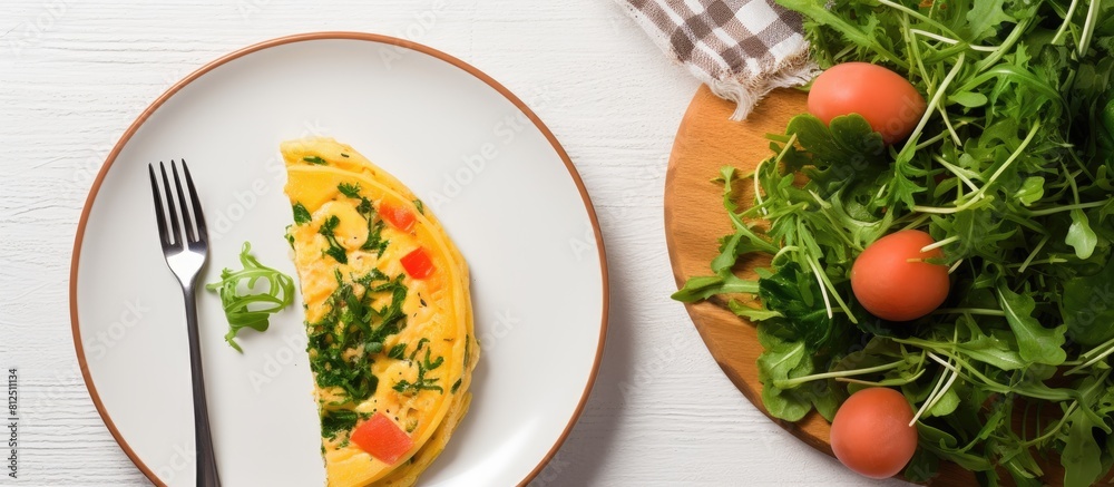 Aufkleber a top view of a white plate with a breakfast spread includes an omelette filled with radish and gree