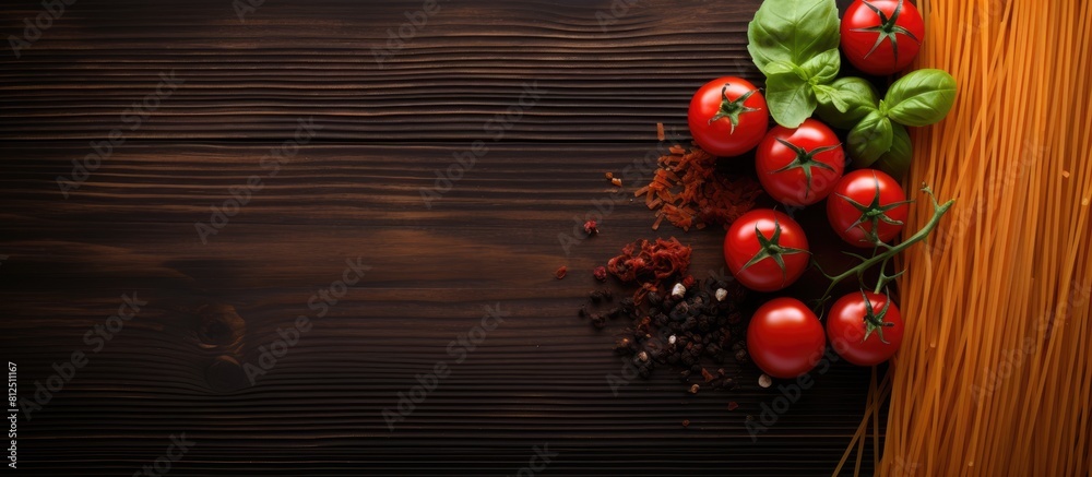 Aufkleber A top view of pasta spaghetti with tomatoes sauce and basil on a dark wooden background offering ample copy space for any desired additions to the image