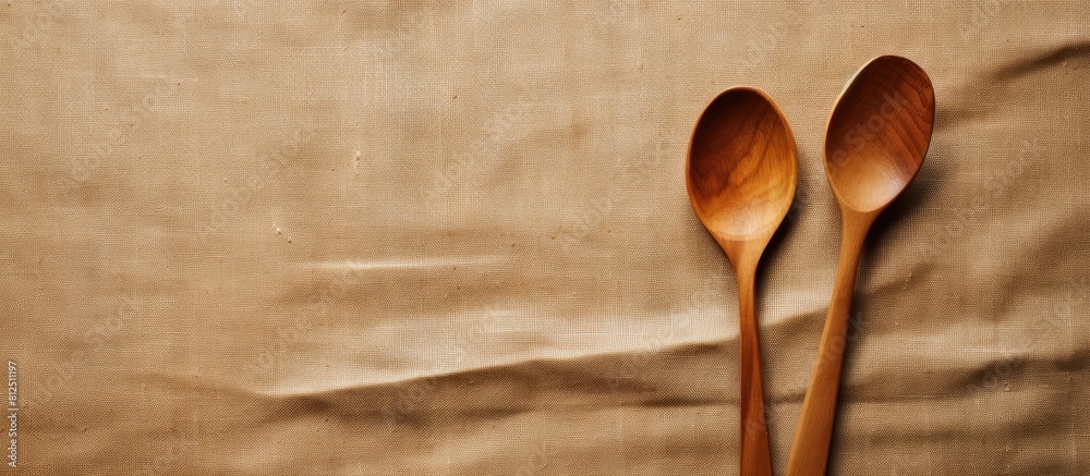 Aufkleber Top view of a copy space image featuring a wooden spoon and fork placed on a background of sackcloth