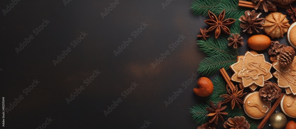 Aufkleber Top view of a Christmas themed background featuring fir branches pine cones Christmas cookies cinnamon sticks and anise stars with ample copy space for additional content