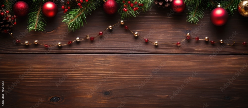 Poster top view of a christmas themed red wooden background adorned with festive decorations offers ample c
