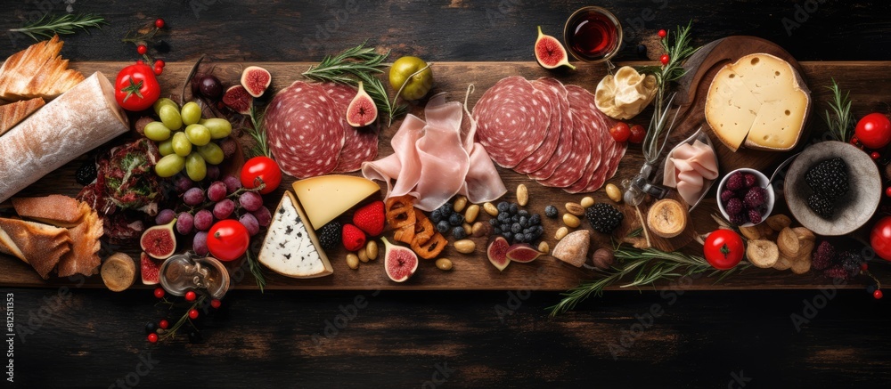 Poster top view of a christmas table with a delicious antipasto platter featuring ham prosciutto salami che