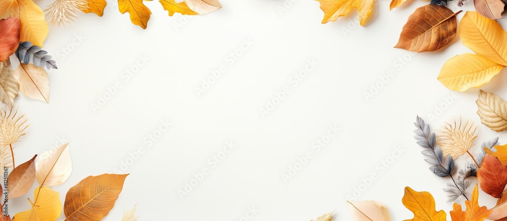 Poster top view of a tropical themed composition featuring a frame composed of golden autumn leaves on a wh