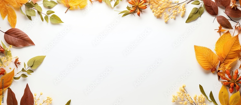 Poster top view of a tropical themed composition featuring a frame composed of golden autumn leaves on a wh